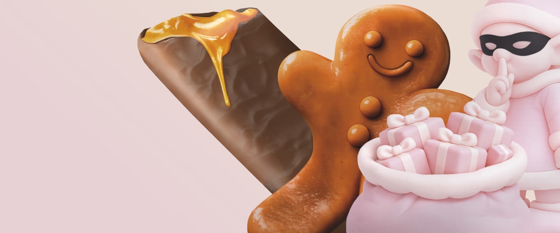 A fudge lollipop, a gingerbread man and a pink santa with a bag of presents.